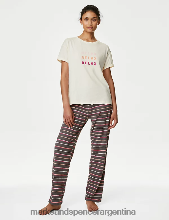 Marks & Spencer unisexo pijama con eslogan relax en algodón lencería mezcla de marfil 46VL3334