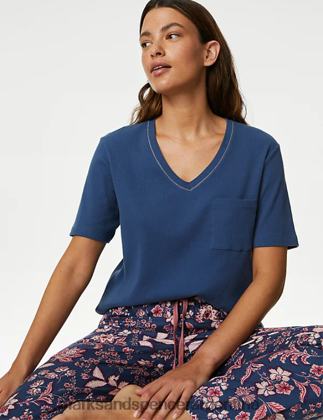 Marks & Spencer unisexo pijama con estampado floral rico en algodón lencería azul oscuro 46VL3330