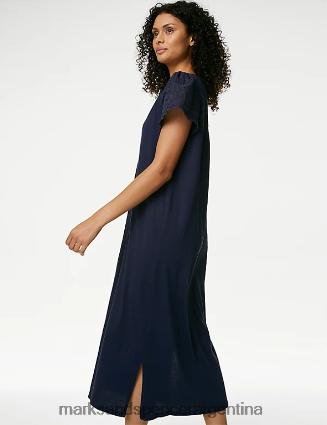 Marks & Spencer unisexo Camisón largo con ribetes bordados de puro algodón lencería Armada 46VL3358