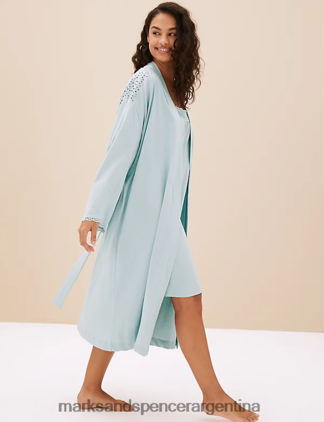 Marks & Spencer unisexo bata de algodón puro con lazos lencería azul claro 46VL3544