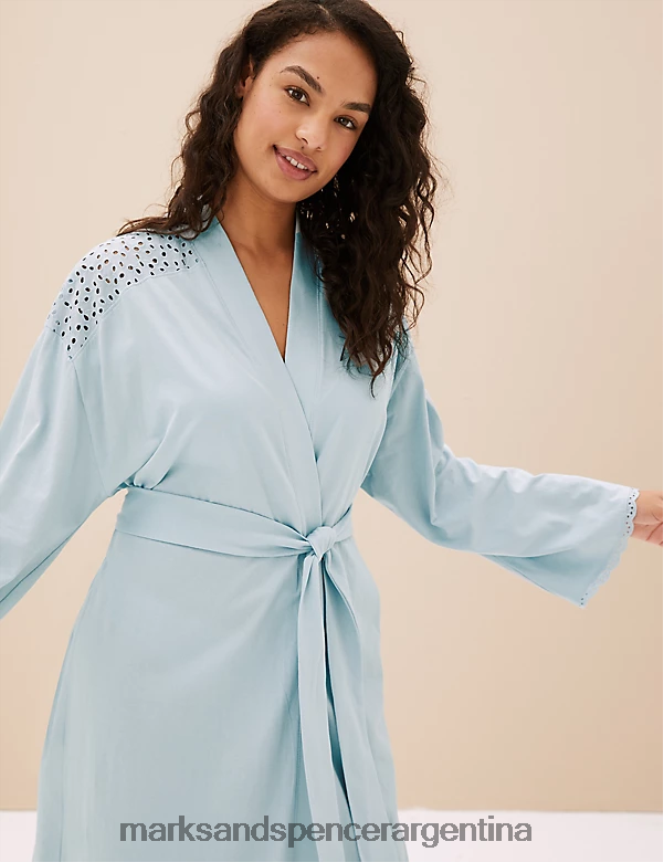 Marks & Spencer unisexo bata de algodón puro con lazos lencería azul claro 46VL3544