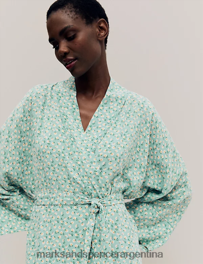 Marks & Spencer unisexo bata estilo kimono larga con estampado floral lencería mezcla verde azulado 46VL3556