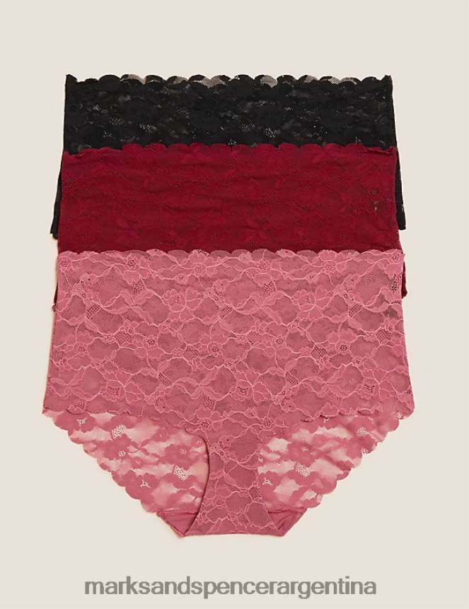 Marks & Spencer unisexo Pack de 3 shorts estilo braguita de encaje de talle alto ropa frambuesa oscura 46VL3722