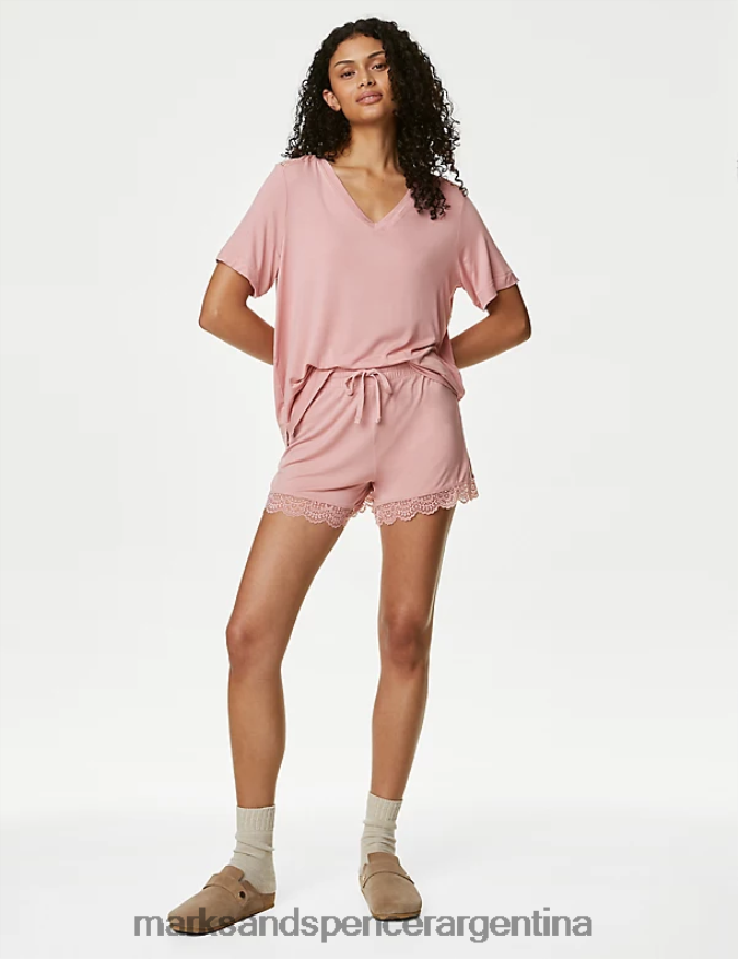 Marks & Spencer unisexo shorts de pijama con ribete de encaje suave ropa rosa antigua 46VL3690
