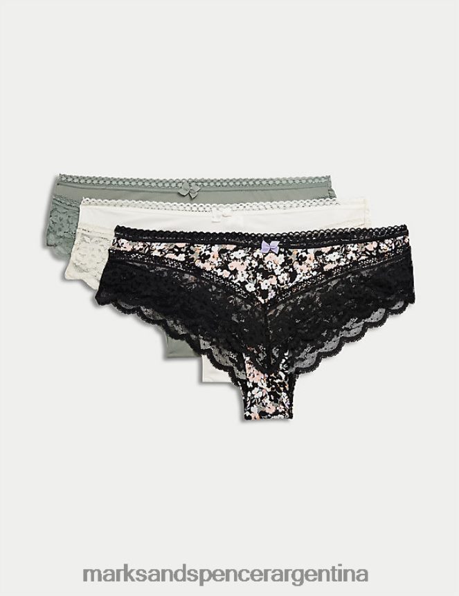 Marks & Spencer unisexo Pack de 3 braguitas brasileñas con ribete de encaje ropa mezcla negra 46VL3976
