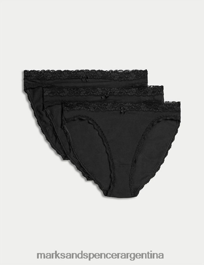 Marks & Spencer unisexo Paquete de 3 braguitas altas con encaje y rico algodón ropa negro 46VL4500