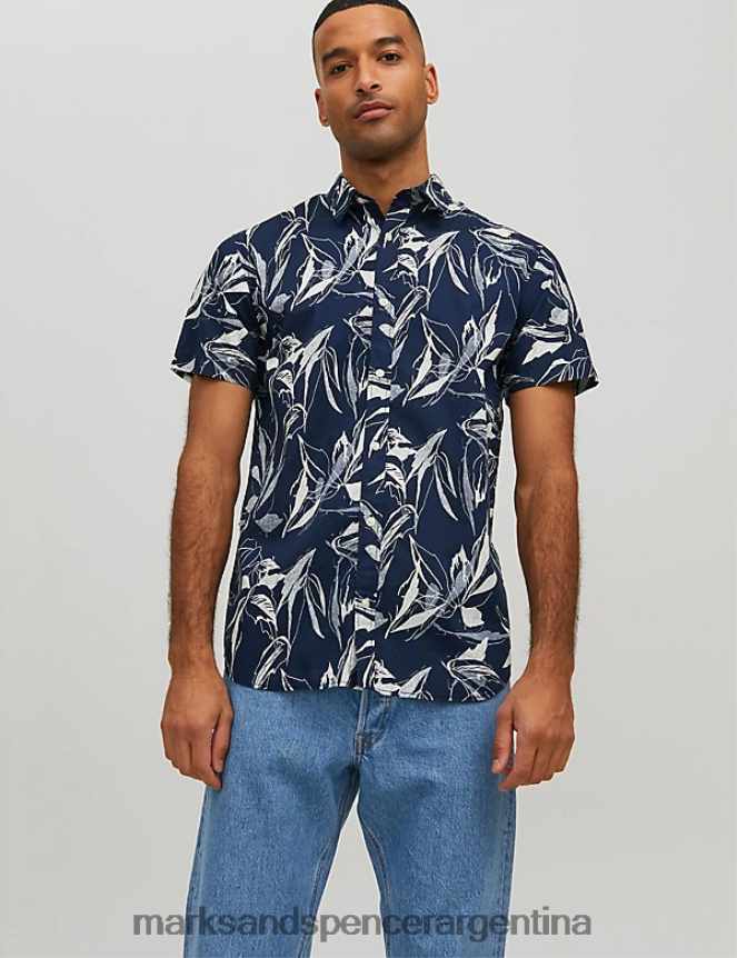 Marks & Spencer unisexo camisa Oxford de puro algodón con estampado de hojas ropa Armada 46VL6748