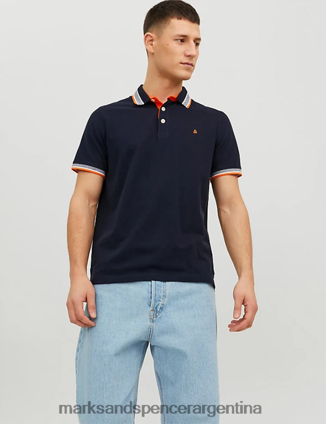 Marks & Spencer unisexo polo de corte slim de puro algodón con ribetes ropa azul marino oscuro 46VL5236