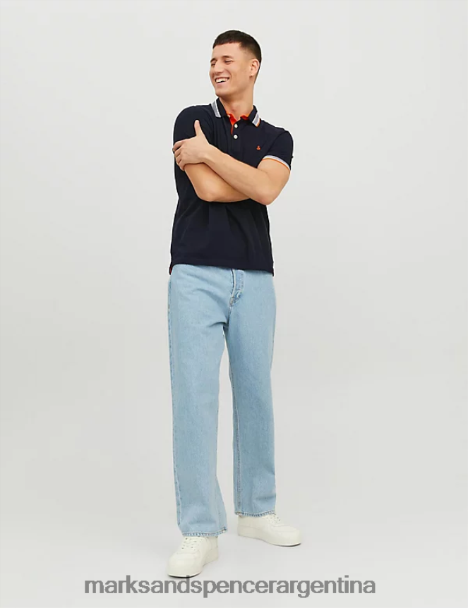 Marks & Spencer unisexo polo de corte slim de puro algodón con ribetes ropa azul marino oscuro 46VL5236
