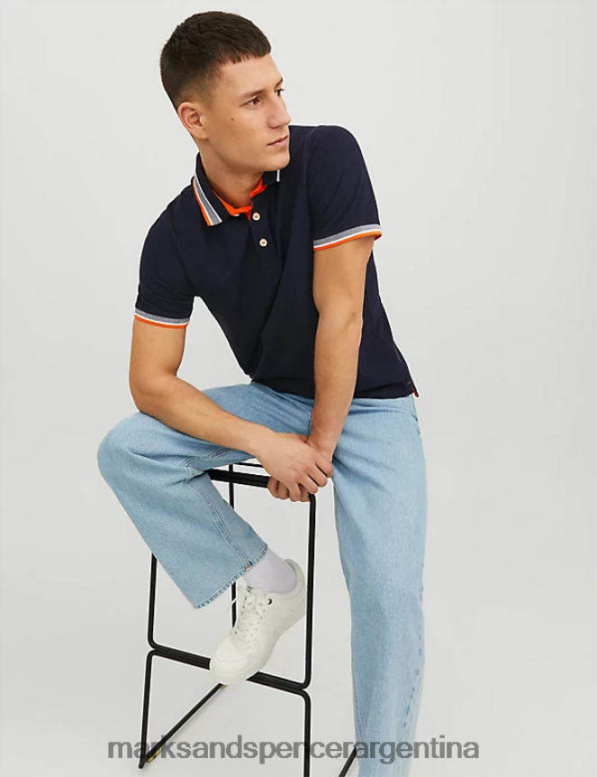 Marks & Spencer unisexo polo de corte slim de puro algodón con ribetes ropa azul marino oscuro 46VL5236