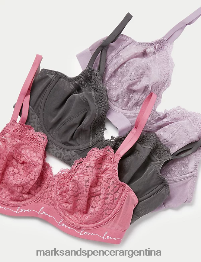 Marks & Spencer unisexo Pack de 3 sujetadores balconette con aro de malla y encaje ropa mezcla de frambuesa 46VL4710