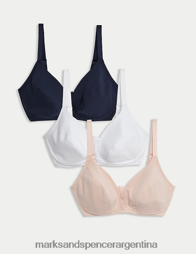 Marks & Spencer unisexo Pack de 3 sujetadores de copa completa sin aros de encaje y algodón ropa Rosa suave 46VL3686