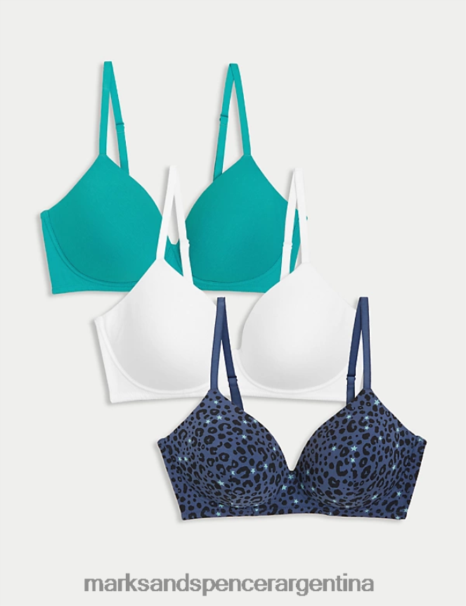 Marks & Spencer unisexo Pack de 3 sujetadores tipo camiseta de copa completa sin aros de algodón ropa mezcla azul oscuro 46VL4520