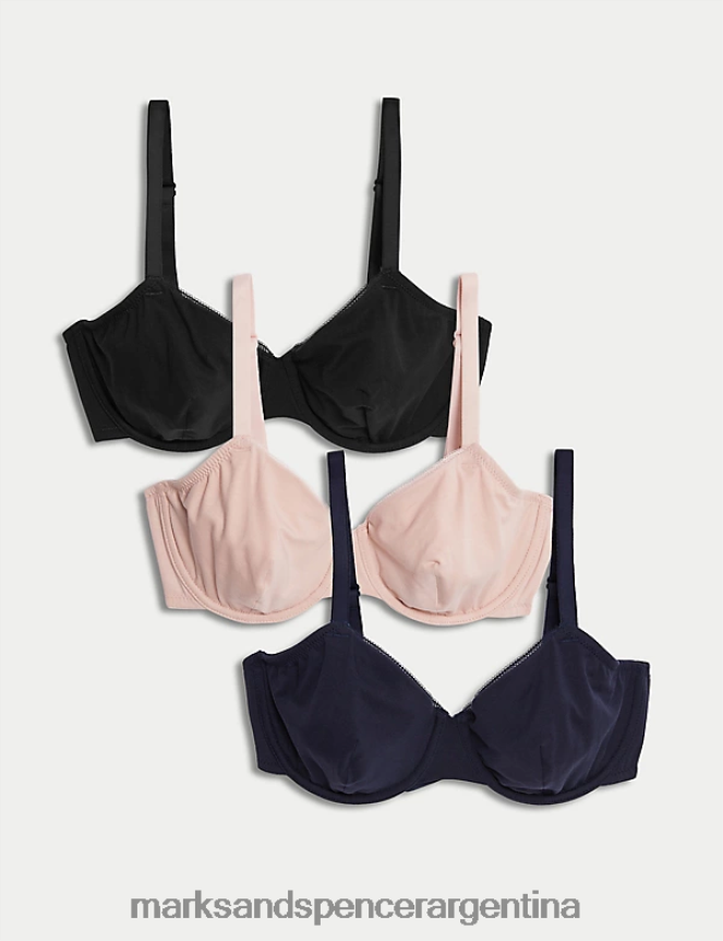 Marks & Spencer unisexo Paquete de 3 sujetadores de copa completa con aros de algodón ropa mezcla azul marino 46VL4268