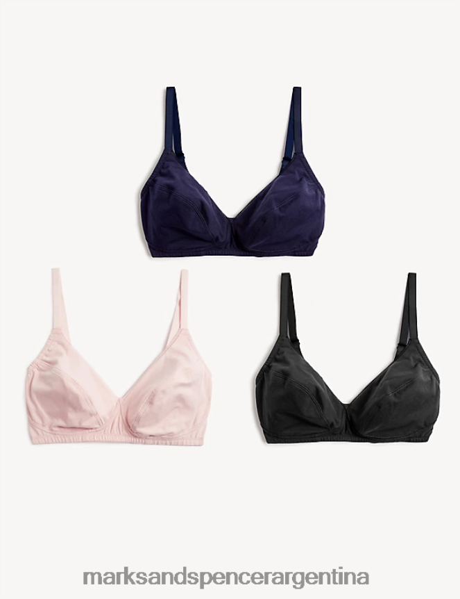 Marks & Spencer unisexo Paquete de 3 sujetadores de copa completa sin aros de algodón ropa mezcla azul marino 46VL3918