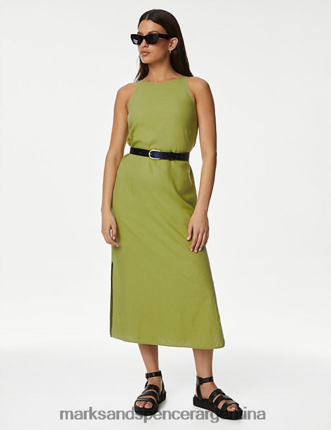 Marks & Spencer unisexo vestido lencero midi con cuello alto y rico lino ropa verde medio 46VL1126